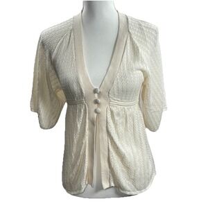 Y2K DKNY Babydoll Eyelet Crochet Knit Cardigan Buttons Cream Sz Medium